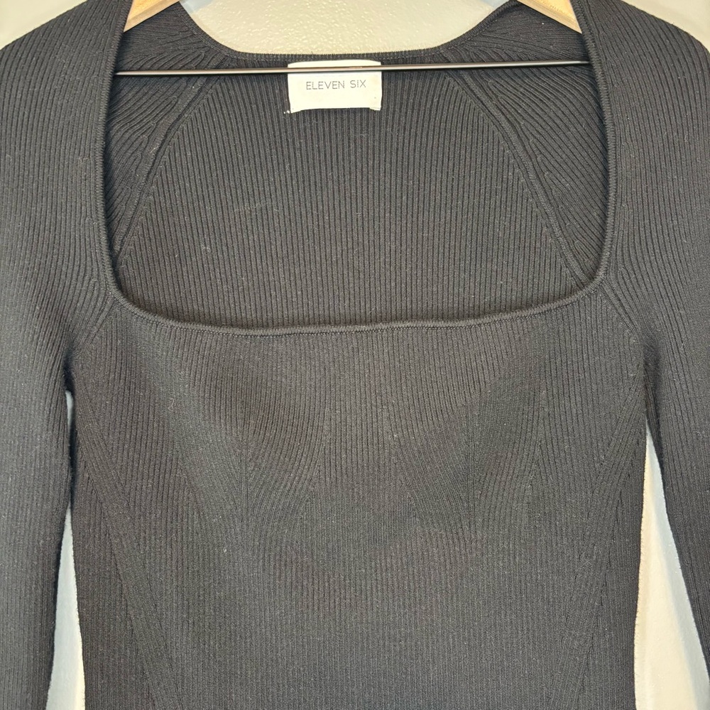 Eleven Six Medium Elle Square Neck Bodycon Rib Knit Cashmere Blend Sweater Black - Picture 4 of 6